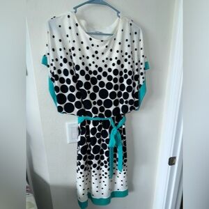 Studio One Black and White Polka Dot Dress with Teal Trim size Small